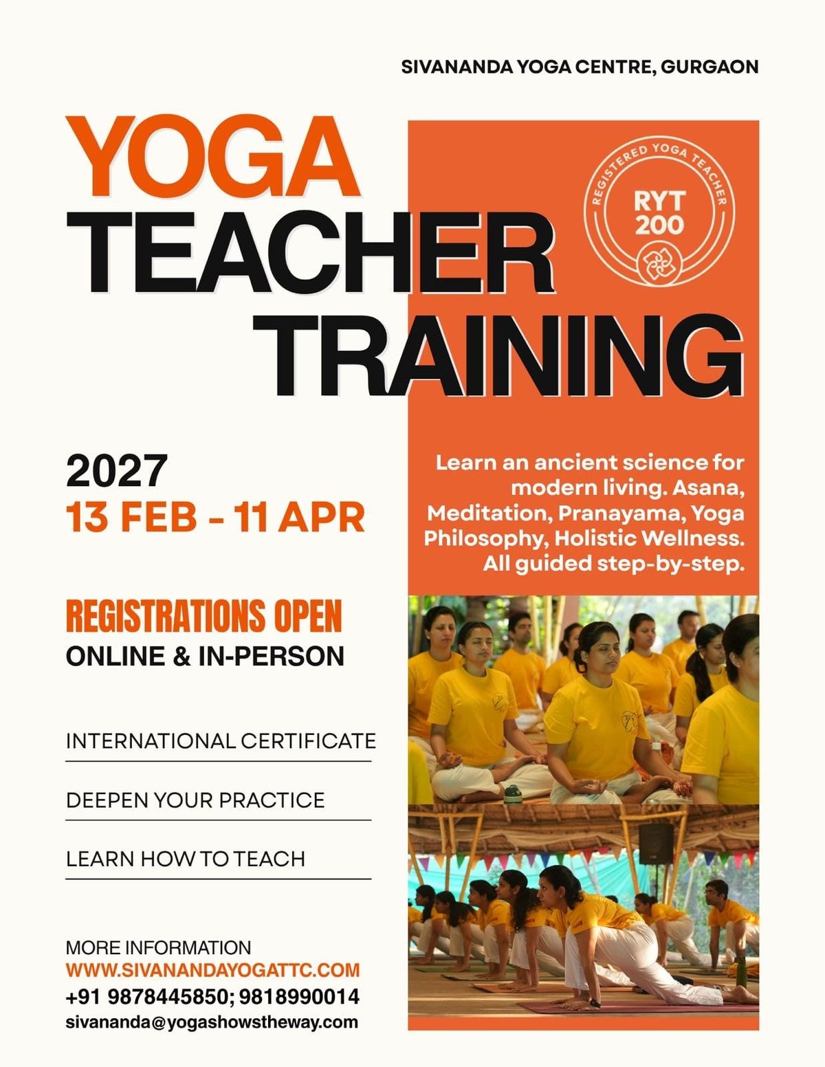 Poster for the February 2027 Yoga Teacher Training Course, Sivananda Yoga Centre Gurgaon