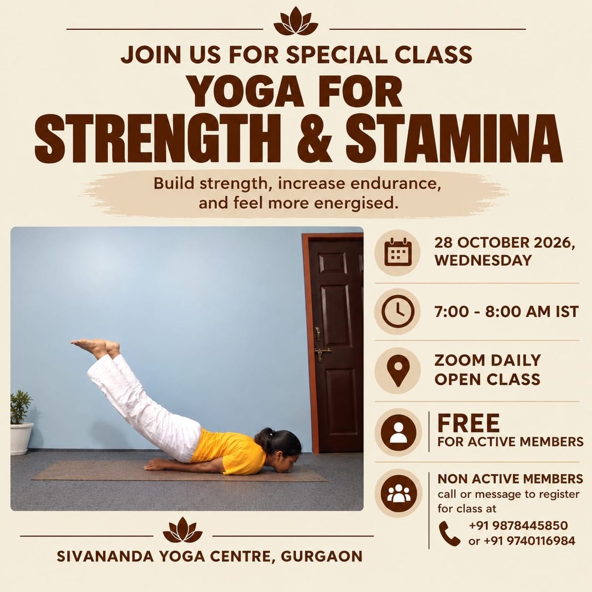 Poster for the special class Yoga for Strength & Stamina