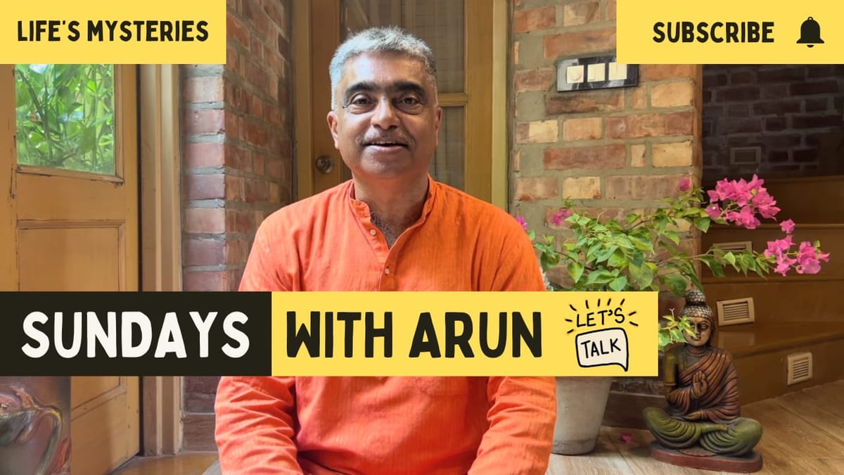 Sundays with Arun episode thumbnail — Arun Pandala seated in an orange kurta, a small Buddha figure and bougainvillea behind him