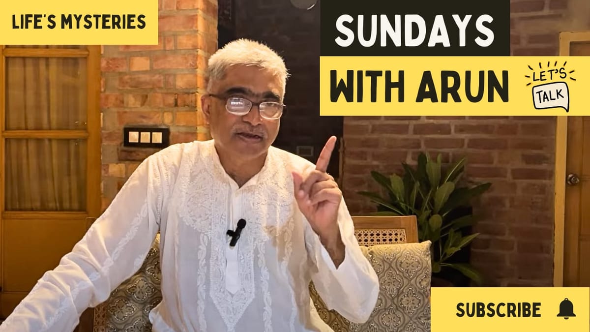 Sundays with Arun episode thumbnail — Arun Pandala mid-sentence in a white kurta, one finger raised, a lapel microphone clipped to his chest