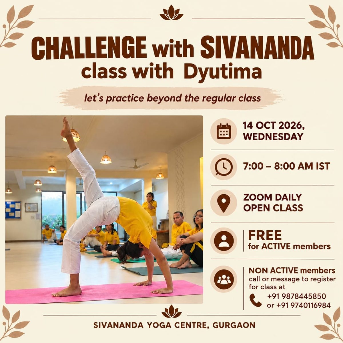 Poster for the special class Challenge with Sivananda Class