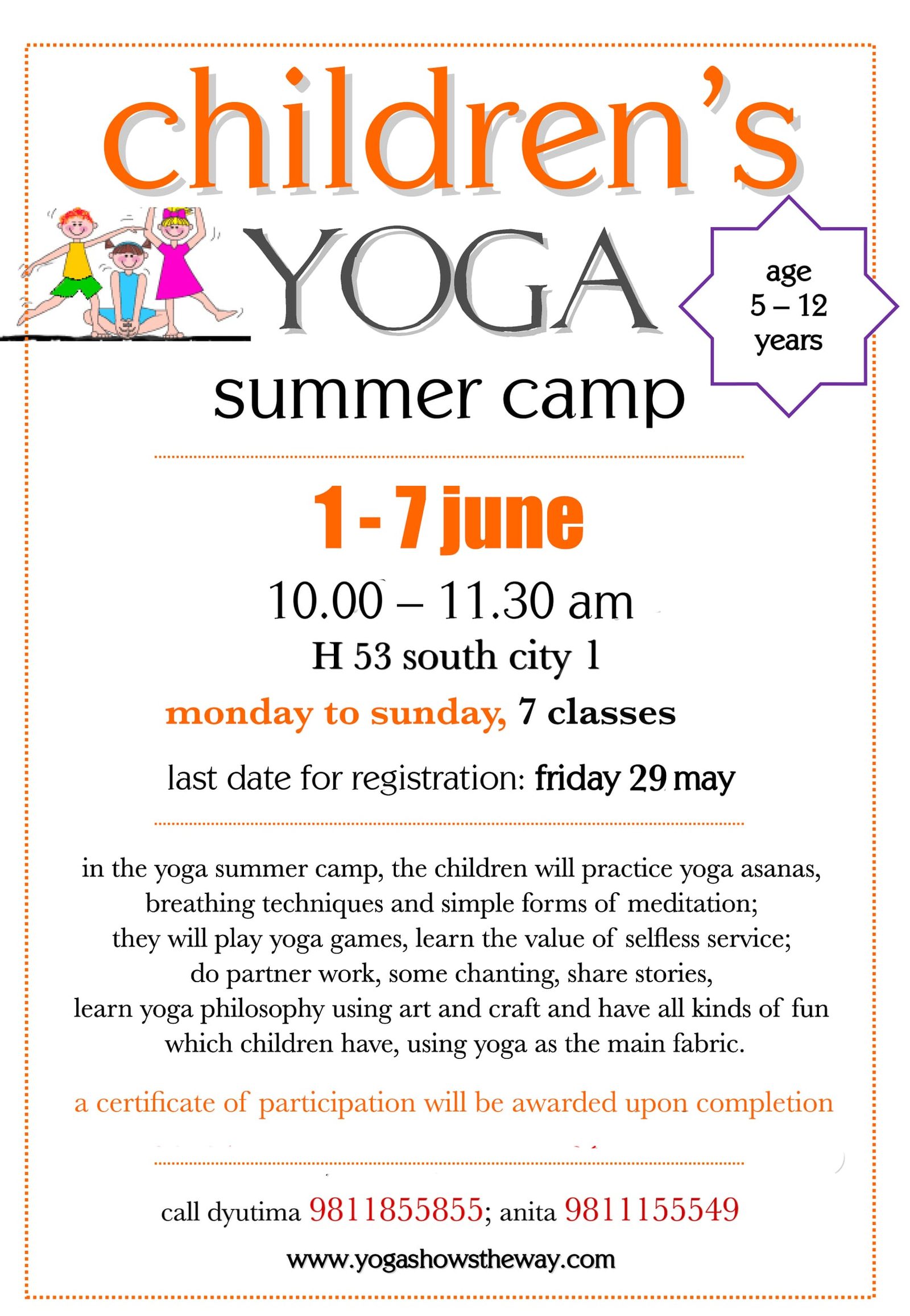 Poster for the children's yoga summer camp for ages 5 to 12, 1–7 June, at Sivananda Yoga Centre Gurgaon