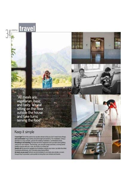 Page from the 48 Hours retreat feature, quoting "All meals are vegetarian, basic and tasty", beside a "Keep it simple" panel