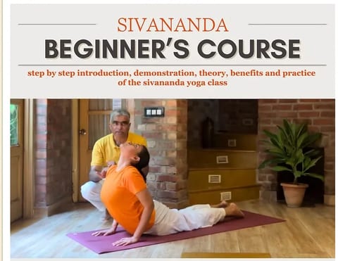 A Sivananda Yoga Beginner's Course card, showing Arun supporting a student in a backbend on the mat.