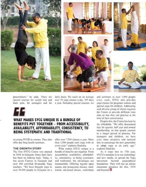 Second page of the siliconindia feature, with photographs of a class practicing and the pull quote "What makes SYCG unique is a bundle of benefits put together"