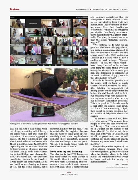 Business India feature continued, showing a grid of students in an online class and the section "More bonding and intimacy"