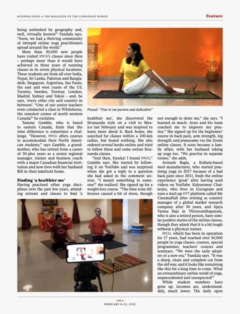 Business India feature continued, with the section "Finding a healthier me" and a photograph of a teacher filming a class