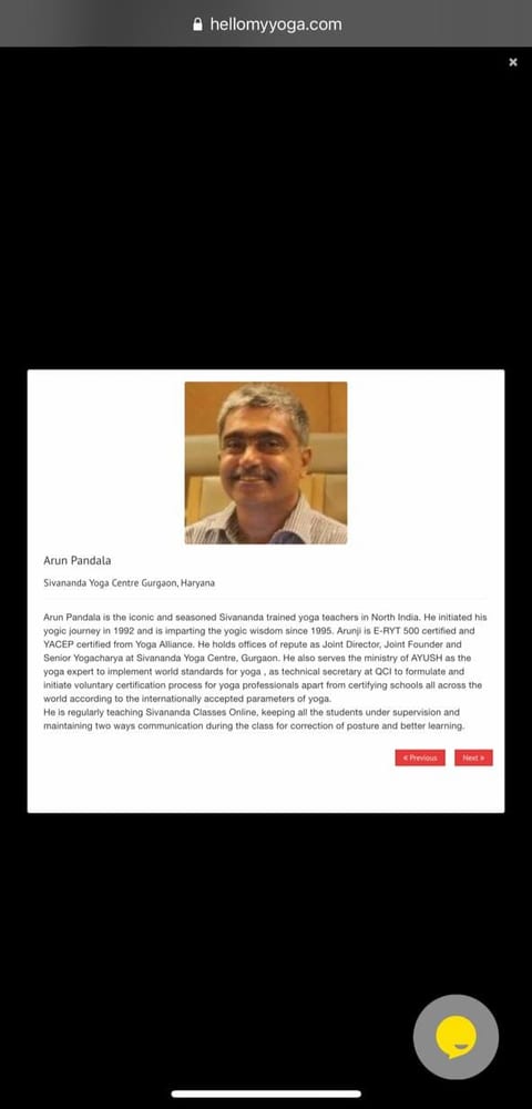 Arun Pandala's entry on hellomyyoga.com, listed under Sivananda Yoga Centre Gurgaon, Haryana