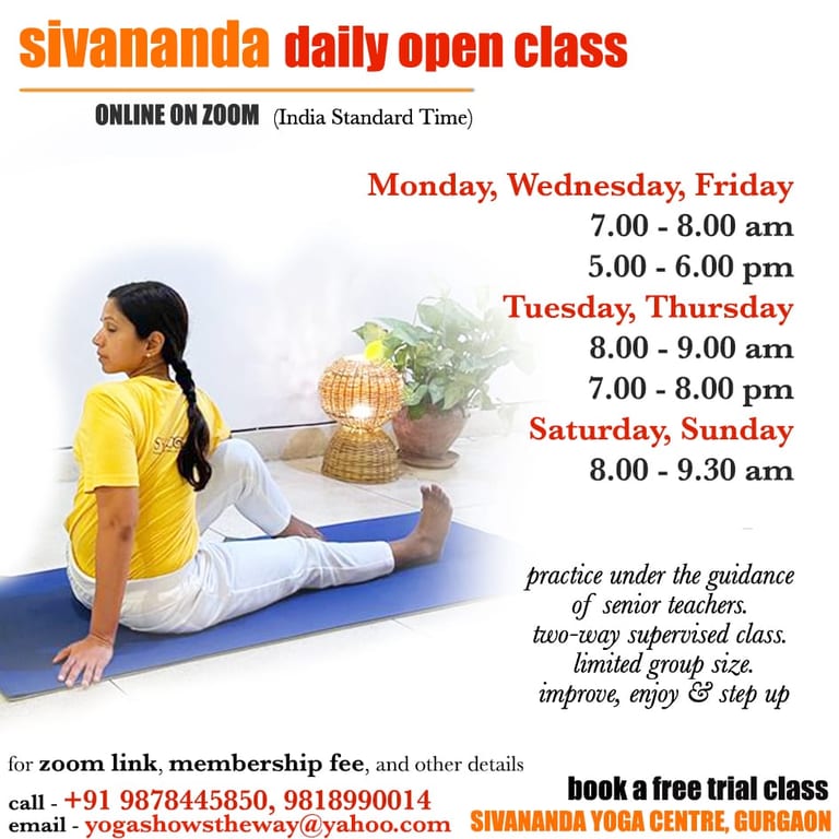 Sivananda daily open class poster — Zoom timings and contact details for booking a free trial class.