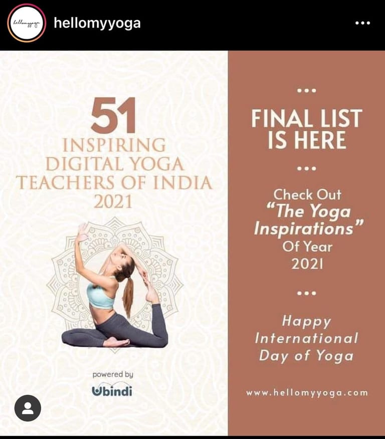 hellomyyoga post announcing the final list of "51 Inspiring Digital Yoga Teachers of India 2021"